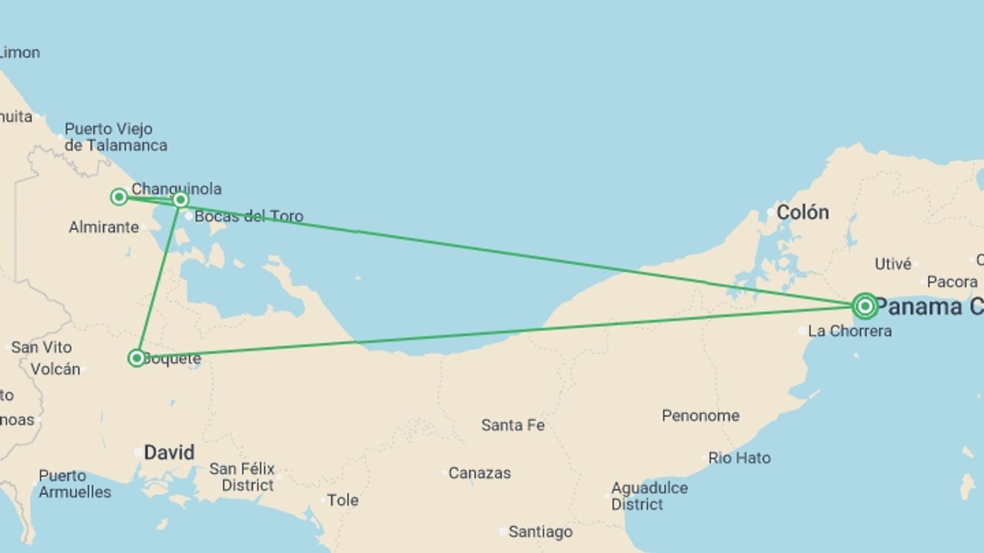 A map showing the tour itinerary for the trip: Perfect Panama - 12 days, starting in Panama City, Panama and ending in Panama City, Panama going through 3 other destinations.