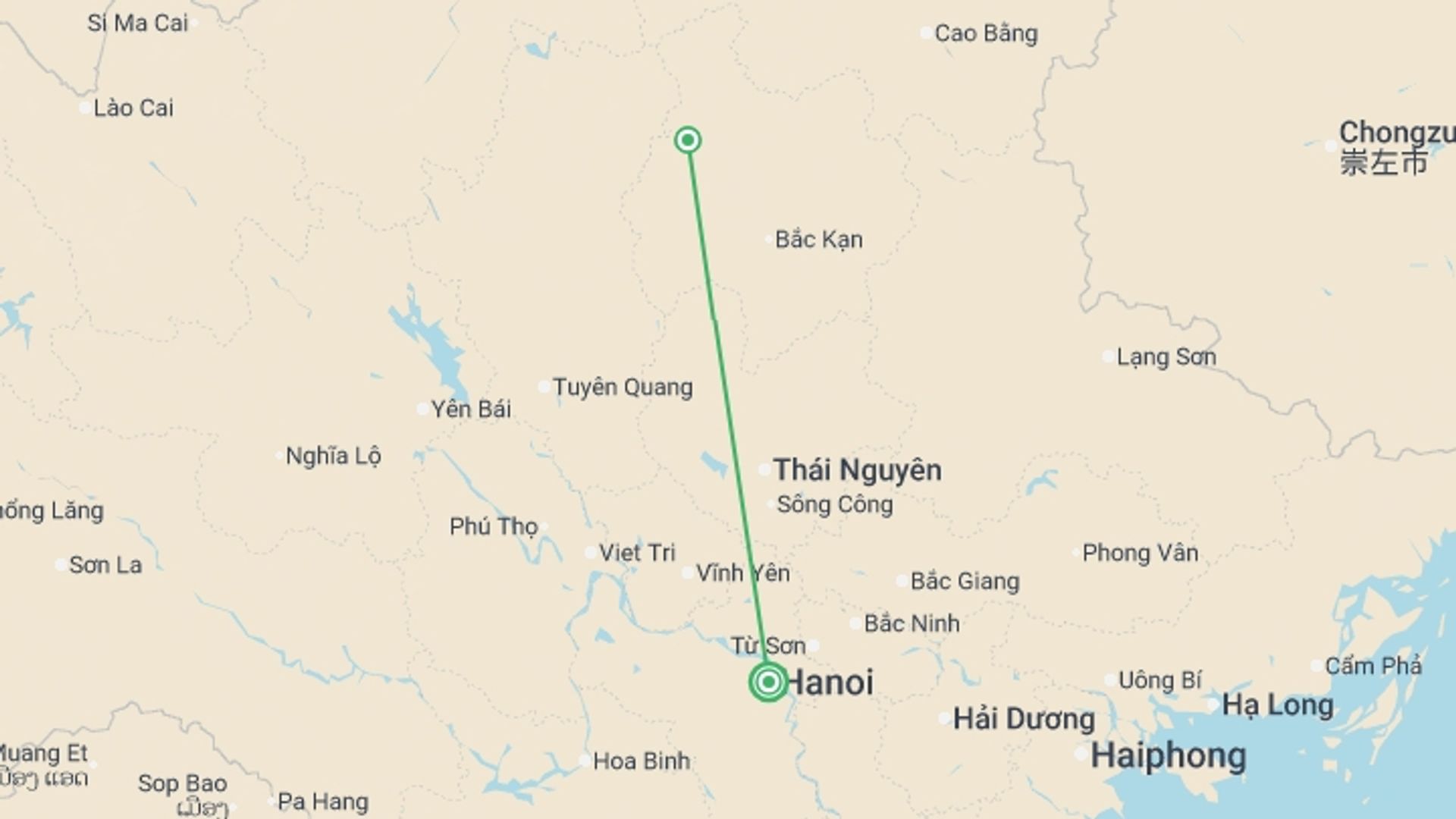 A map showing the tour itinerary for the trip: Hanoi to Ba Be National Park - 3 days, starting in Hanoi, Vietnam and ending in Hanoi, Vietnam going through 1 other destinations.