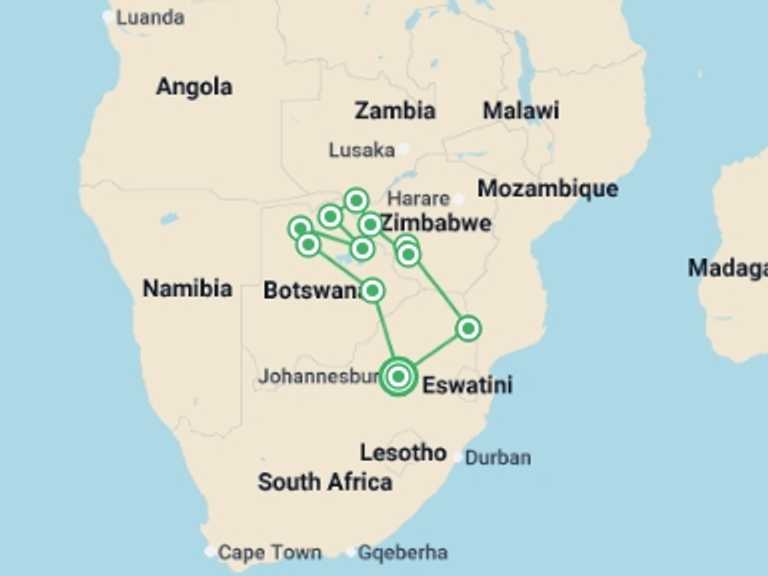 Map itinerary of Africa Tour in February 2026 with 10 destination visits for the trip: Botswana and Zimbabwe Explorer