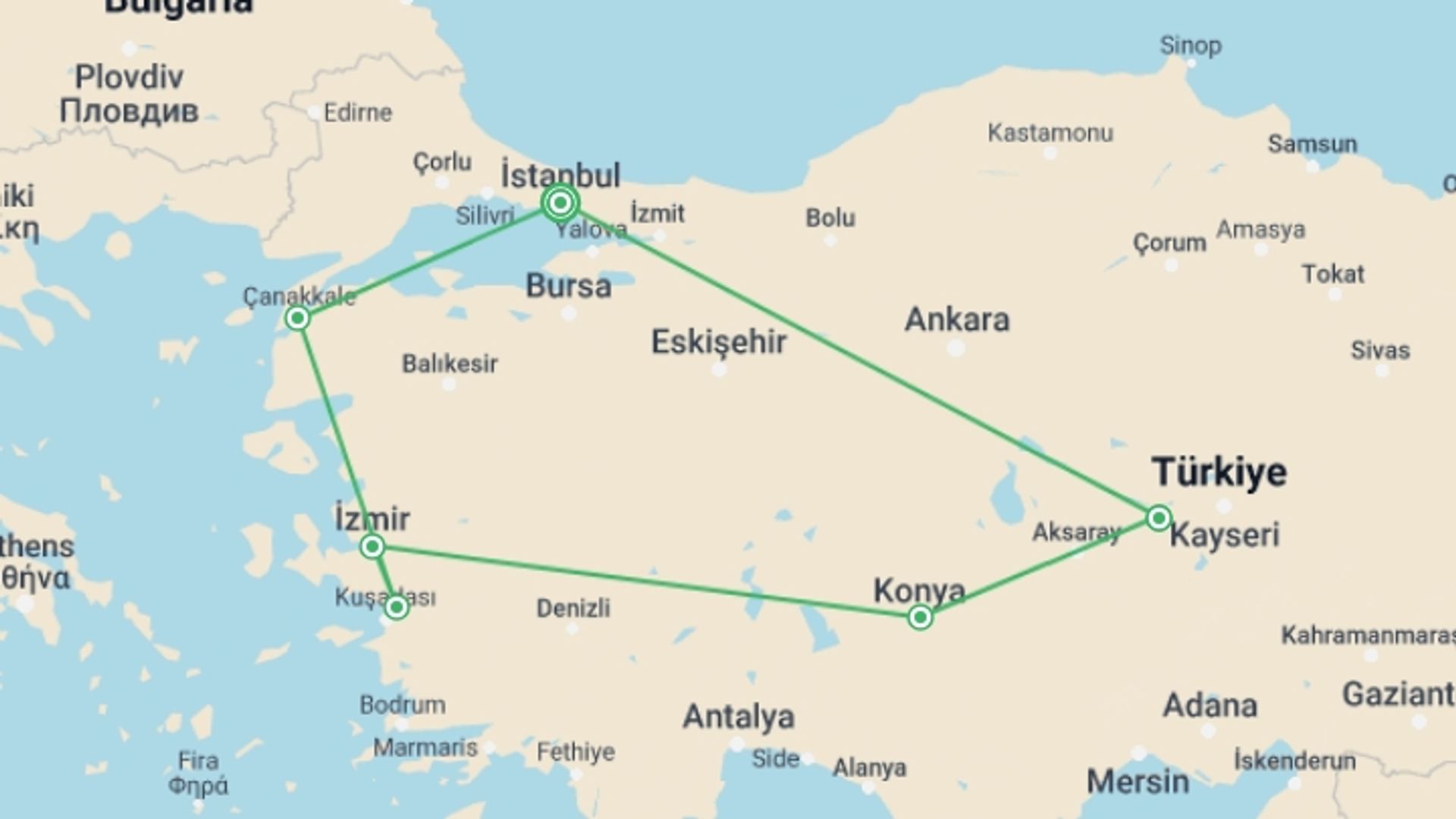 A map showing the tour itinerary for the trip: Highlights of Turkey, starting in Istanbul, Turkey and ending in Istanbul, Turkey going through 4 other destinations.
