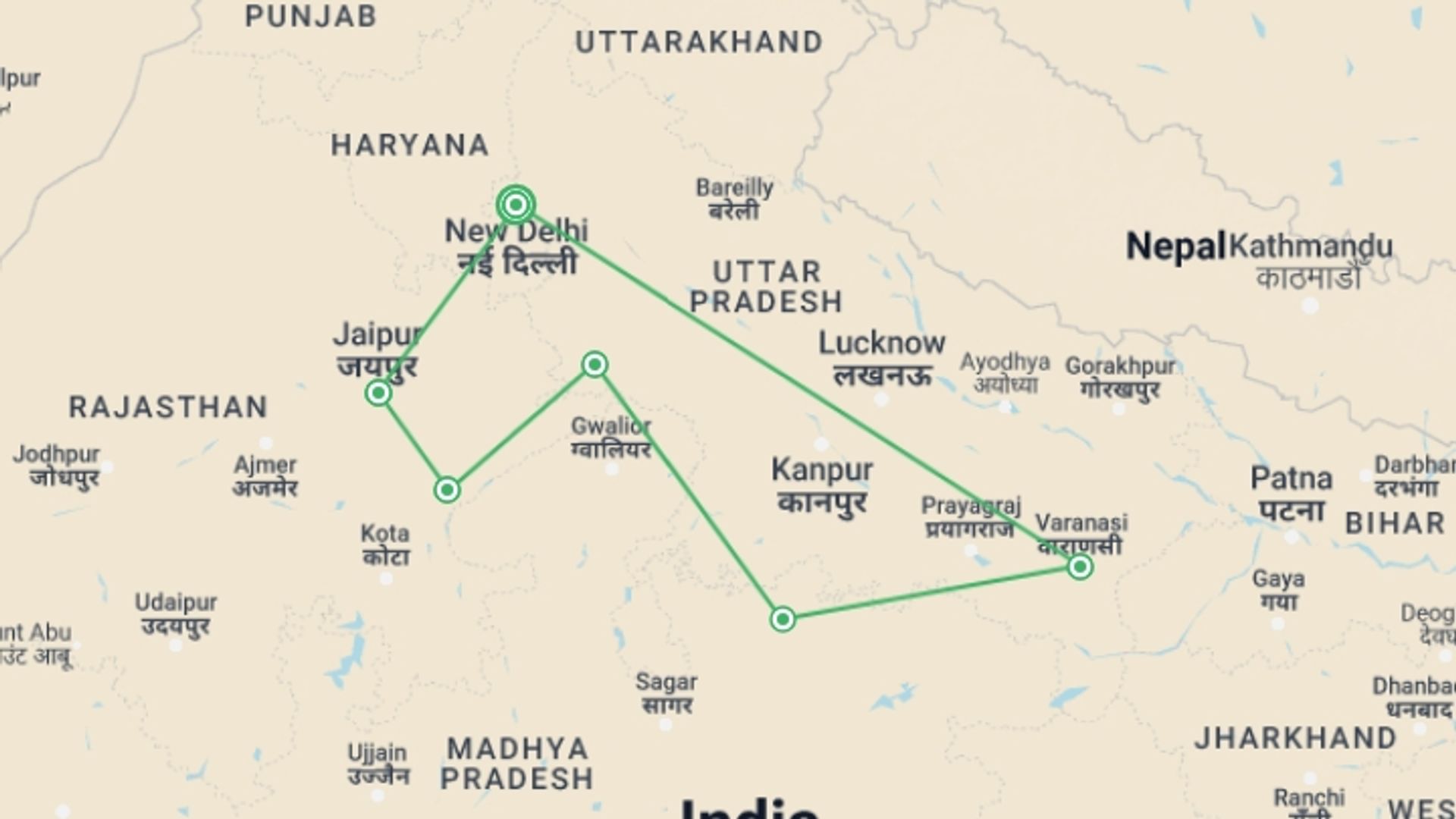A map showing the tour itinerary for the trip: Mysteries of India , starting in New Delhi, India and ending in New Delhi, India going through 1 other destinations.