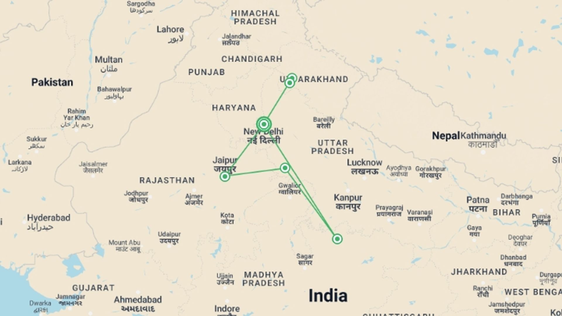 A map showing the tour itinerary for the trip: Highlights of North India , starting in New Delhi, India and ending in New Delhi, India going through 5 other destinations.