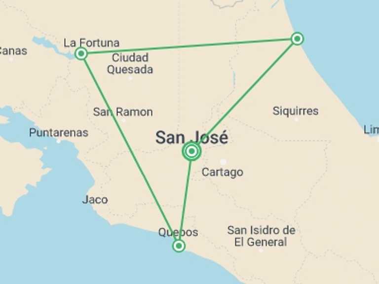 Map itinerary of Costa Rica Tour in June 2027 with 7 destination visits for the trip: Rainforest, volcano and beach