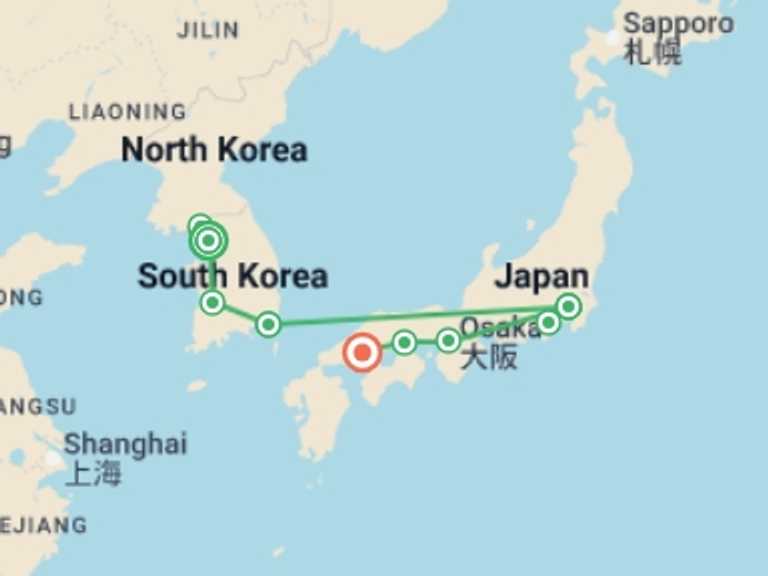Map of Asia Tour with 8 destination visits for the trip: The Beauty of Korea and Japan with Fuji