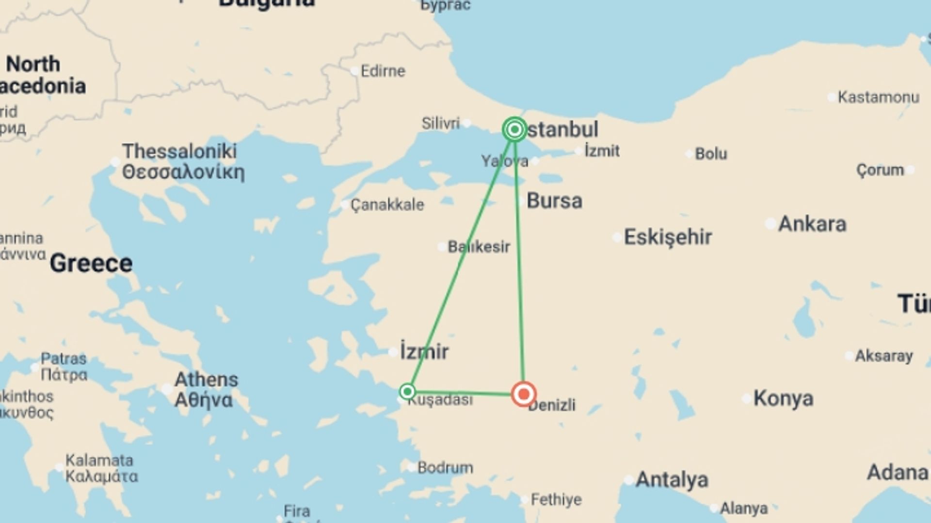 A map showing the tour itinerary for the trip: Ephesus & Pamukkale 4D/3N, starting in Istanbul, Turkey and ending in Pamukkale, Turkey going through 1 other destinations.