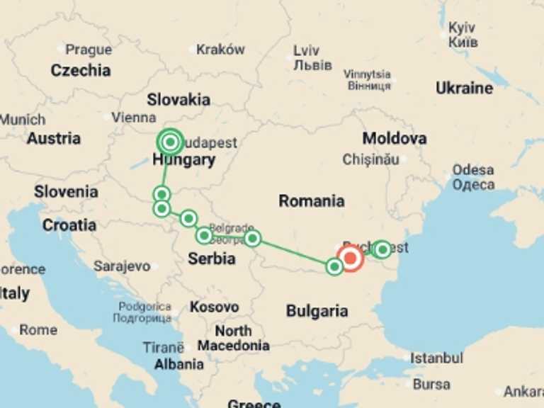 Map itinerary of Europe Tour in Fall with 9 destination visits for the trip: Along the river Danube, Budapestand  the Balkan peninsula (port-to-port cruise)