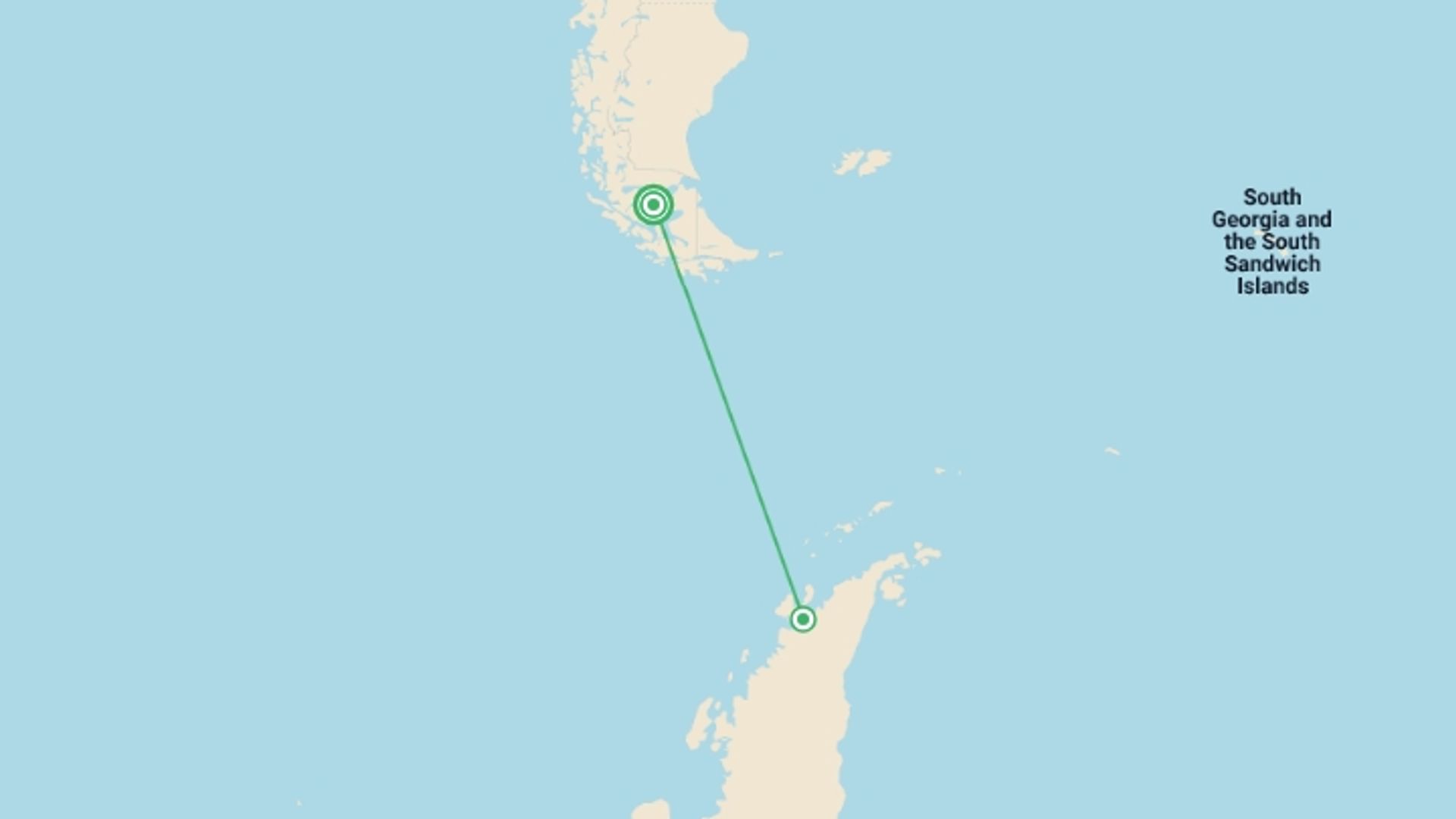 A map showing the tour itinerary for the trip: Antarctic Express: Fly the Drake, starting in Punta Arenas, Chile and ending in Punta Arenas, Chile going through 1 other destinations.