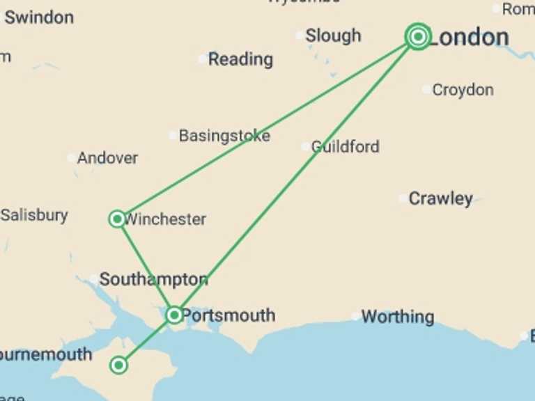 Map itinerary of London Tour in October 2026 with 2 destination visits for the trip: Isle of Wight Discovery (Hotel) - 3 days