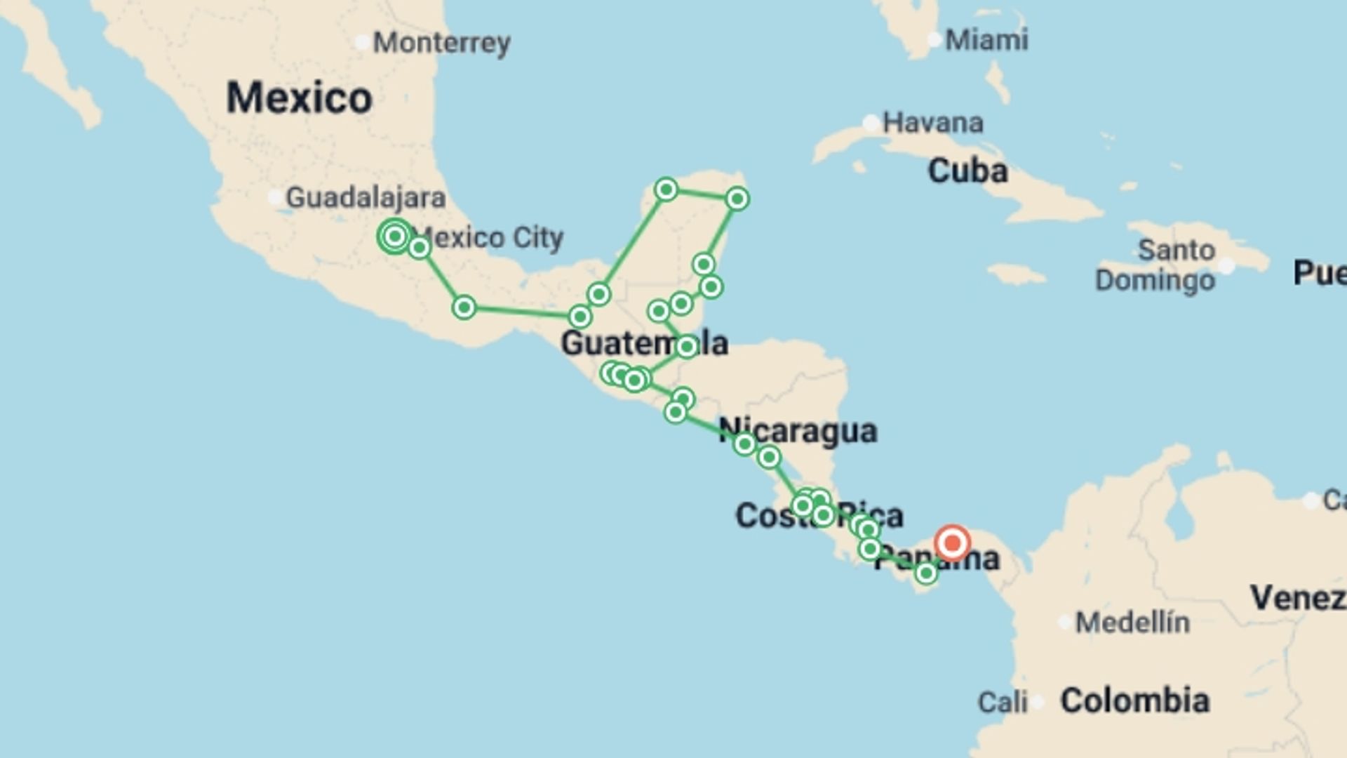 A map showing the tour itinerary for the trip: Ultimate Central America, starting in Mexico City, Mexico and ending in Panama City, Panama going through 27 other destinations.