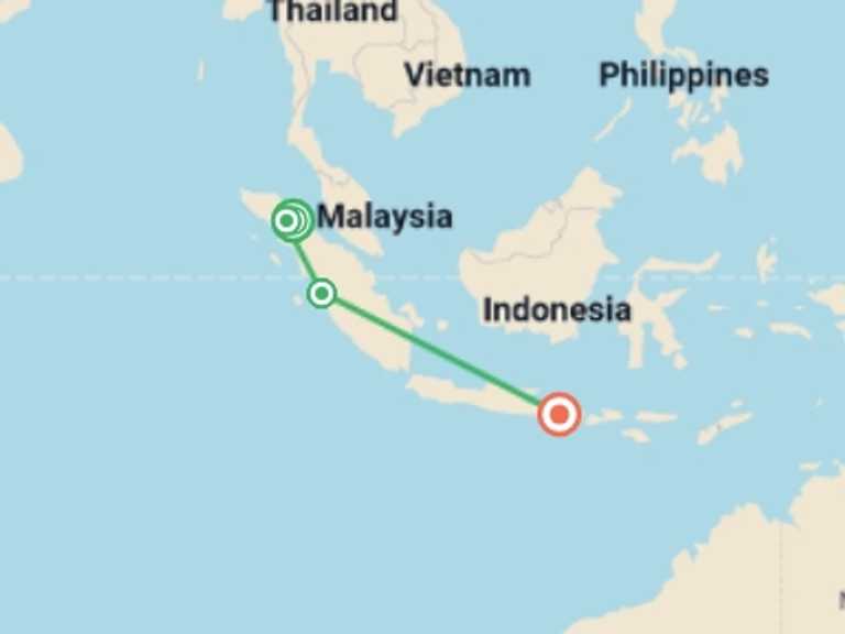 Map itinerary of Indonesia Tour in April 2026 with 4 destination visits for the trip: Sumatra Uncovered