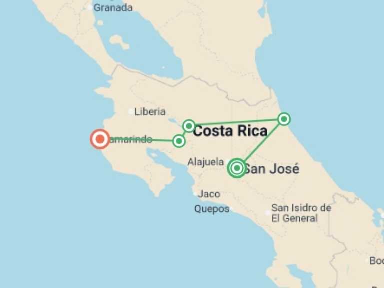 Map itinerary of South America Tour in September 2026 with 6 destination visits for the trip: Natural Wonders of Costa Rica - 10 days