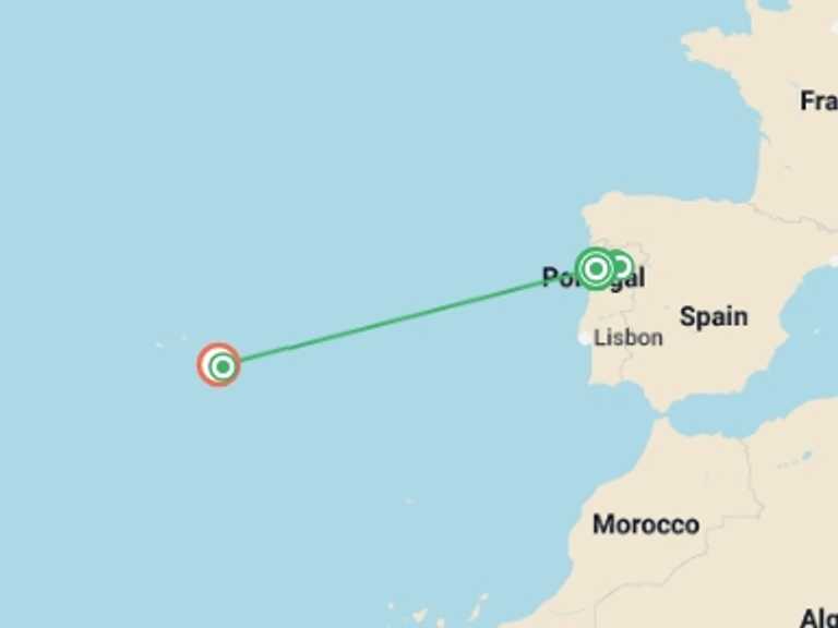 Map of Europe Tour with 4 destination visits for the trip: Highlights of Porto & the Azores - 9 days