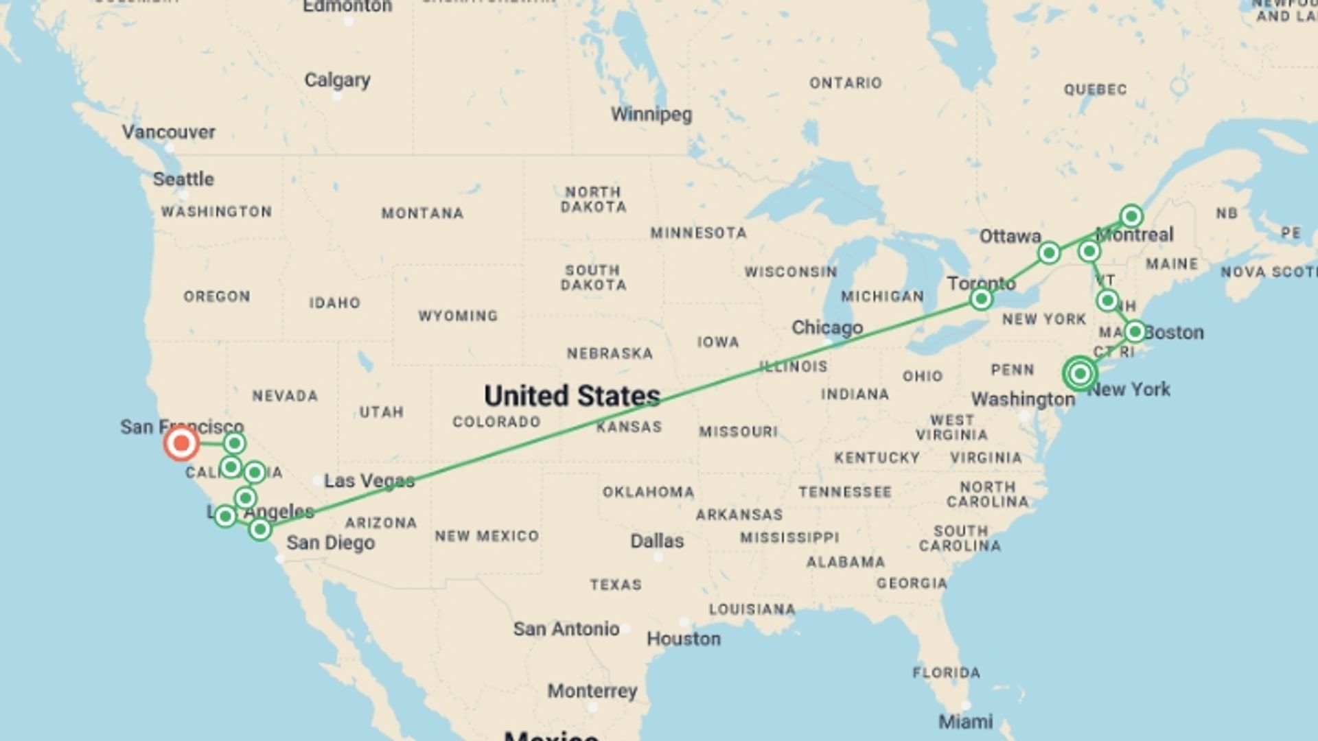 A map showing the tour itinerary for the trip: Essential East Coast and Western Classics, starting in New York, USA and ending in San Francisco, USA going through 8 other destinations.