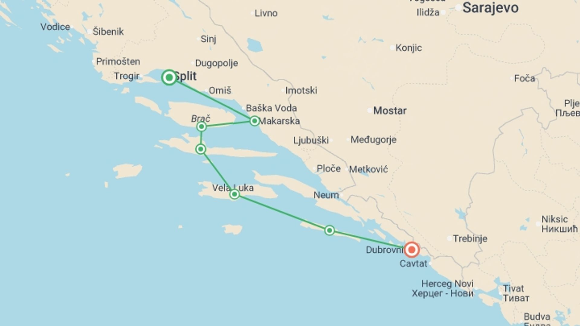 A map showing the tour itinerary for the trip: Adriatic Explorer from Split Premium - 8 days, starting in Split, Croatia and ending in Dubrovnik, Croatia going through 5 other destinations.