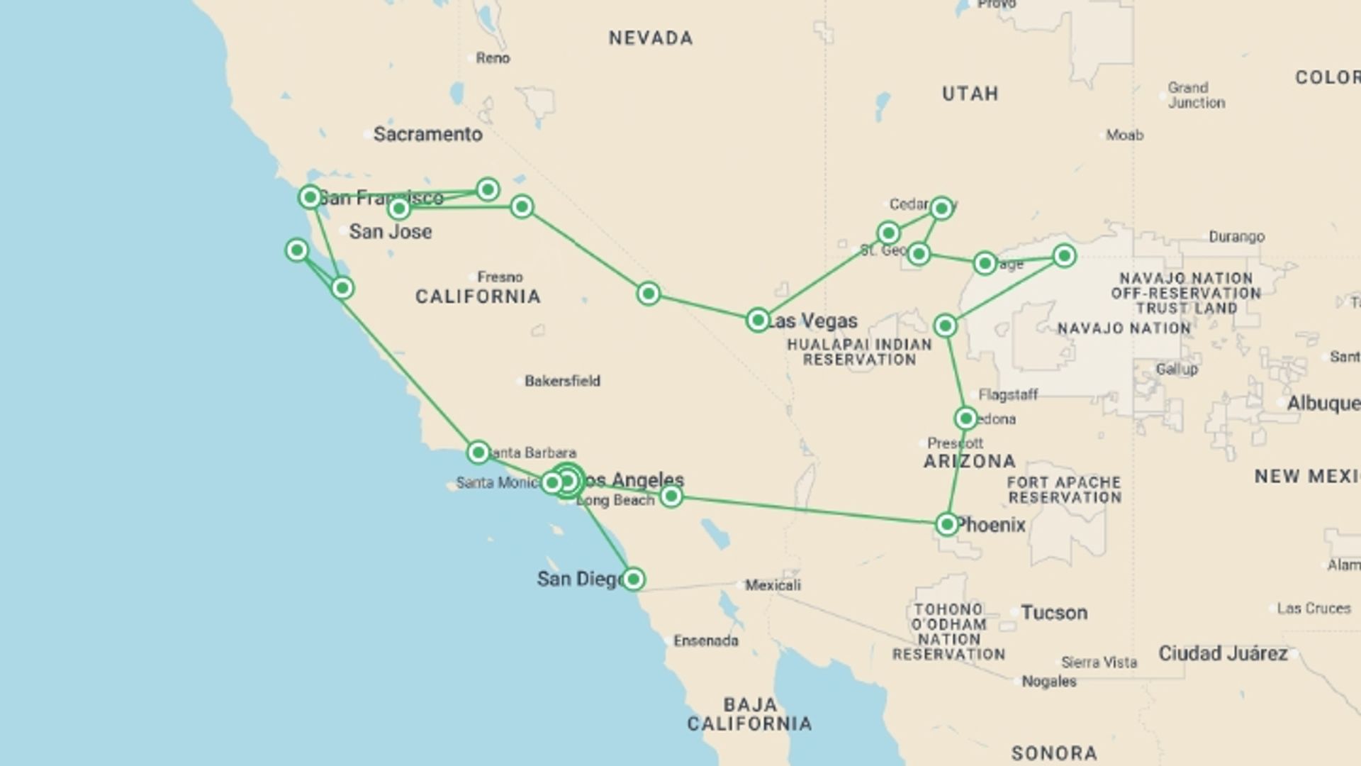 A map showing the tour itinerary for the trip: America's Western Discovery, starting in Los Angeles, USA and ending in Los Angeles, USA going through 10 other destinations.