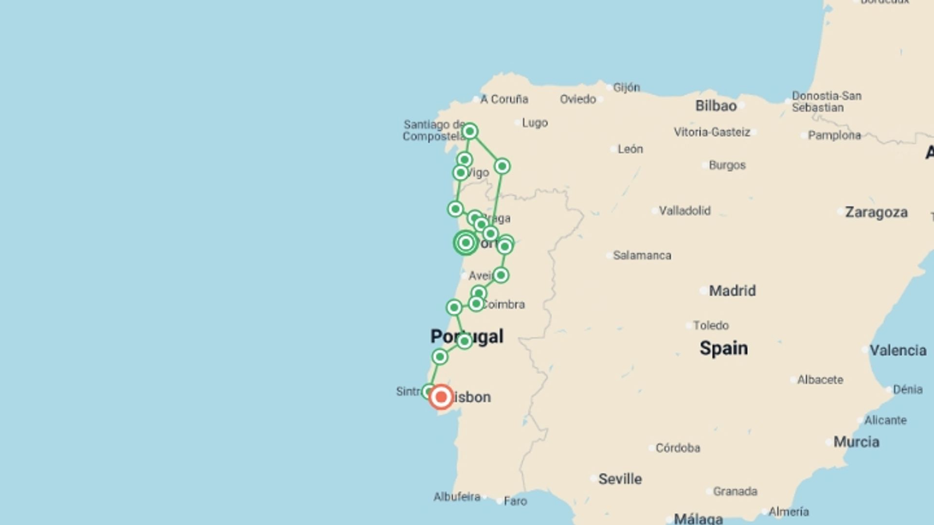 A map showing the tour itinerary for the trip: Portugal Meets Spain, Self-drive (multi Country), starting in Porto, Portugal and ending in Lisbon, Portugal going through 6 other destinations.