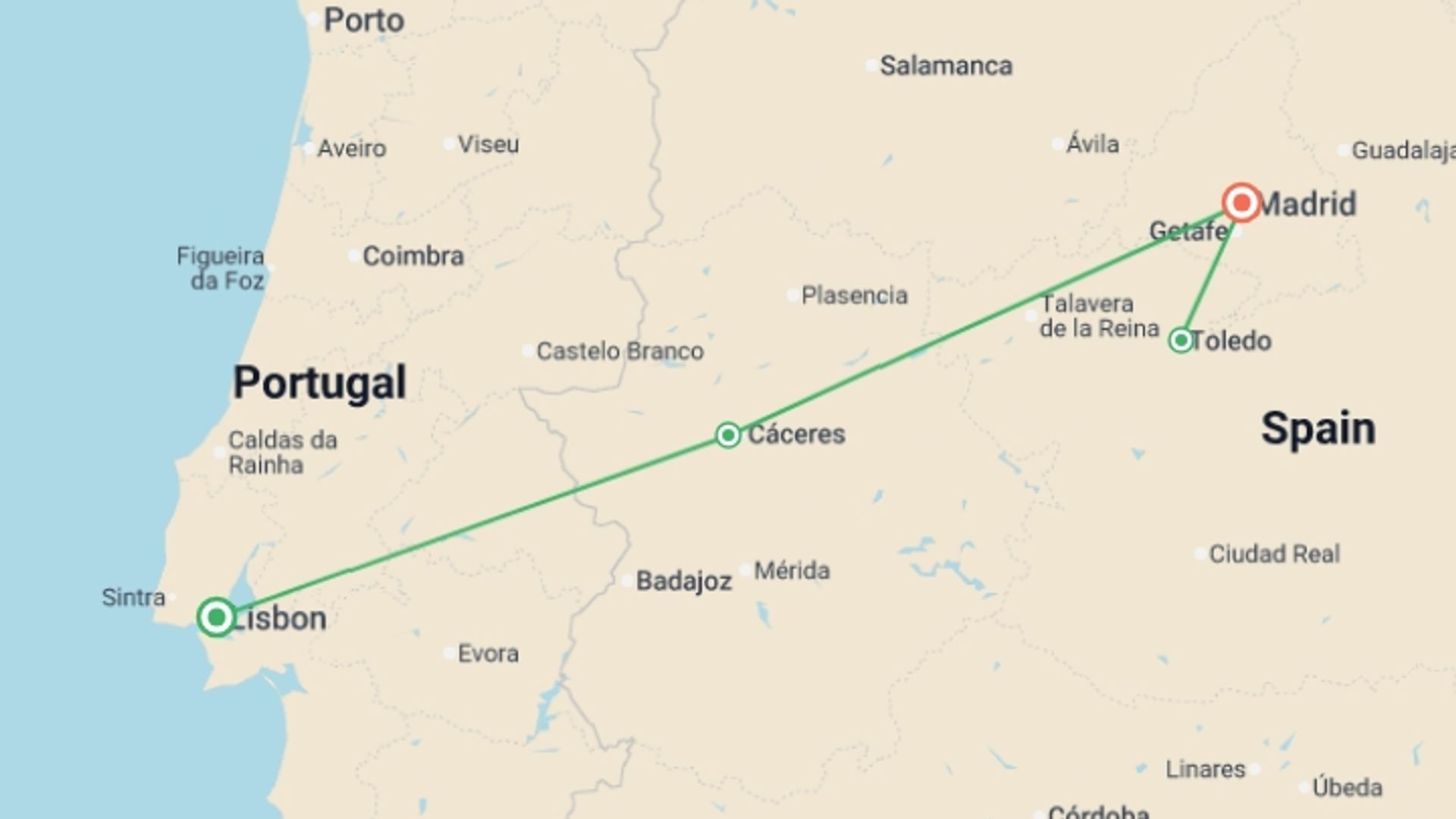 A map showing the tour itinerary for the trip: Lisbon to Madrid Express - 5 days, starting in Lisbon, Portugal and ending in Madrid, Spain going through 0 other destinations.
