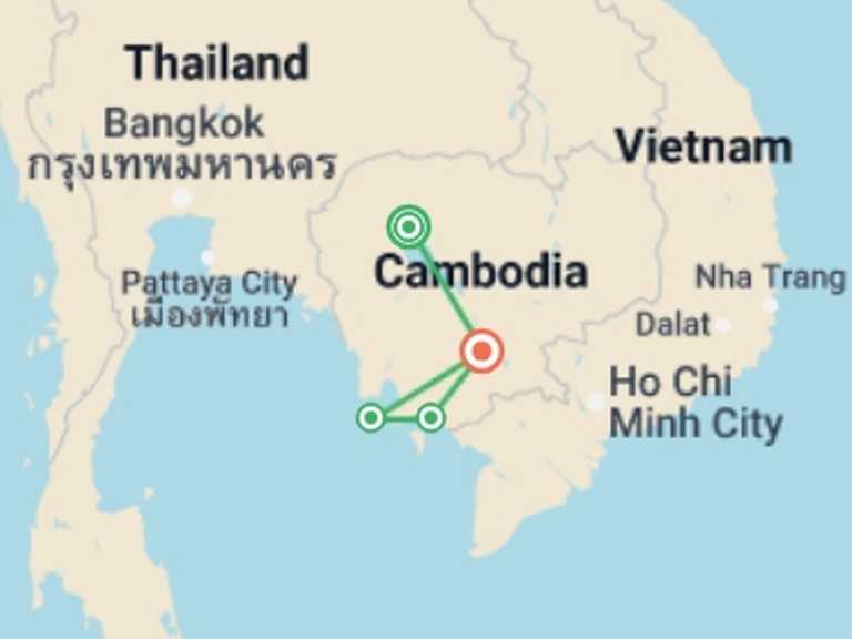 Map of a Local culture Tour with 6 destination visits for the trip: Cambodia Explorer