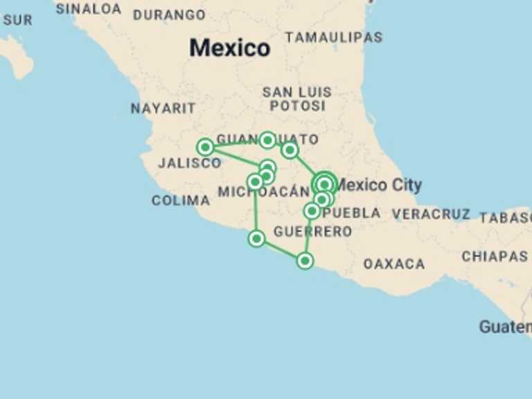 Map of 14-Day Mexico Tour with 8 destination visits for the trip: My Heart Beats for Mexico