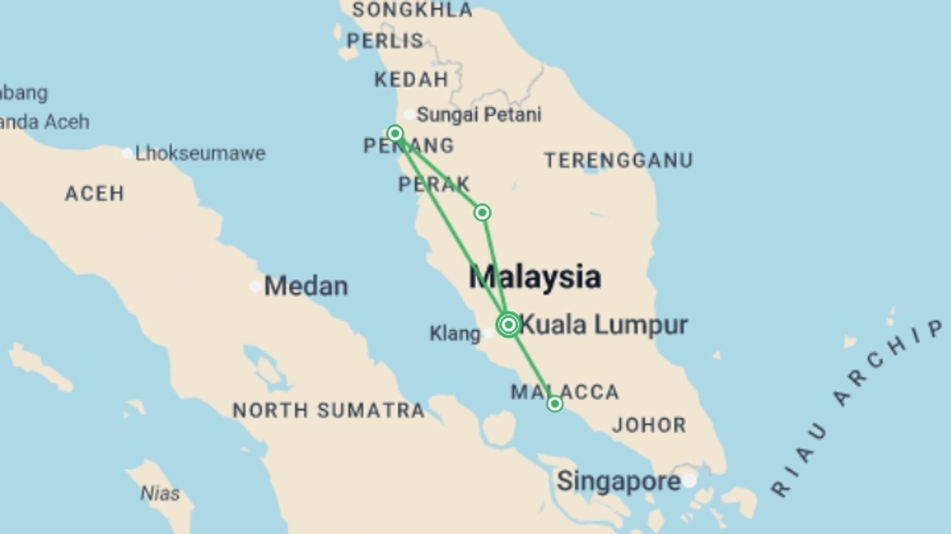 A map showing the tour itinerary for the trip: Malaysia Encompassed Adventure 9D/8N, starting in Kuala Lumpur, Malaysia and ending in Kuala Lumpur, Malaysia going through 3 other destinations.