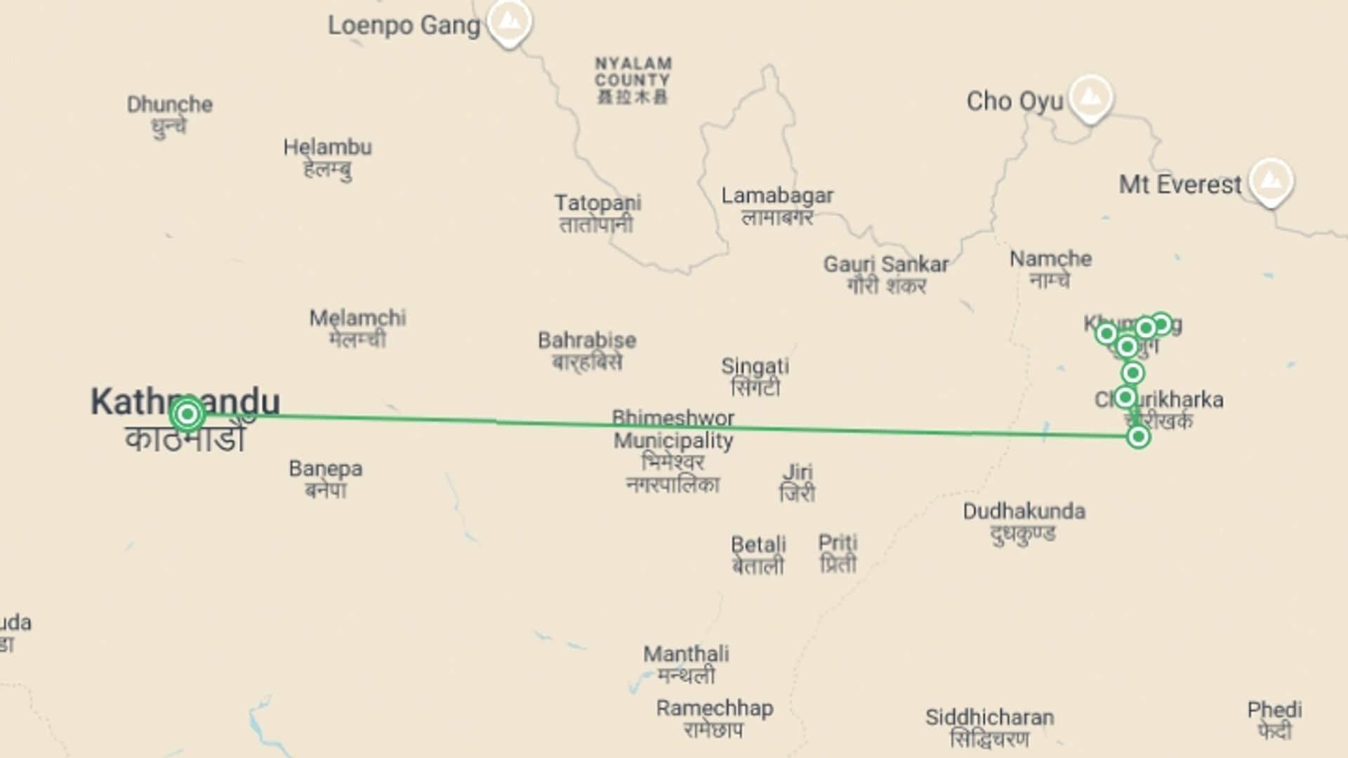 A map showing the tour itinerary for the trip: Everest Treks in Comfort, starting in Kathmandu, Nepal and ending in Kathmandu, Nepal going through 7 other destinations.