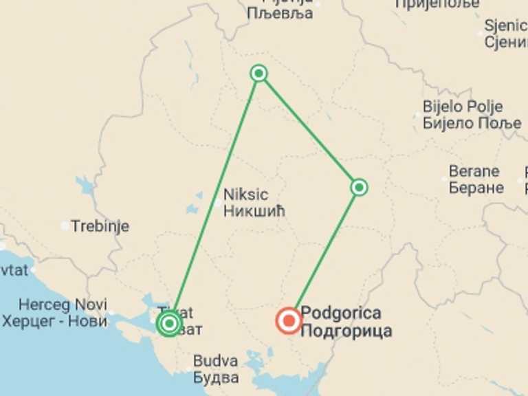 Map itinerary of Balkans Tour in Fall with 4 destination visits for the trip: Discover Montenegro