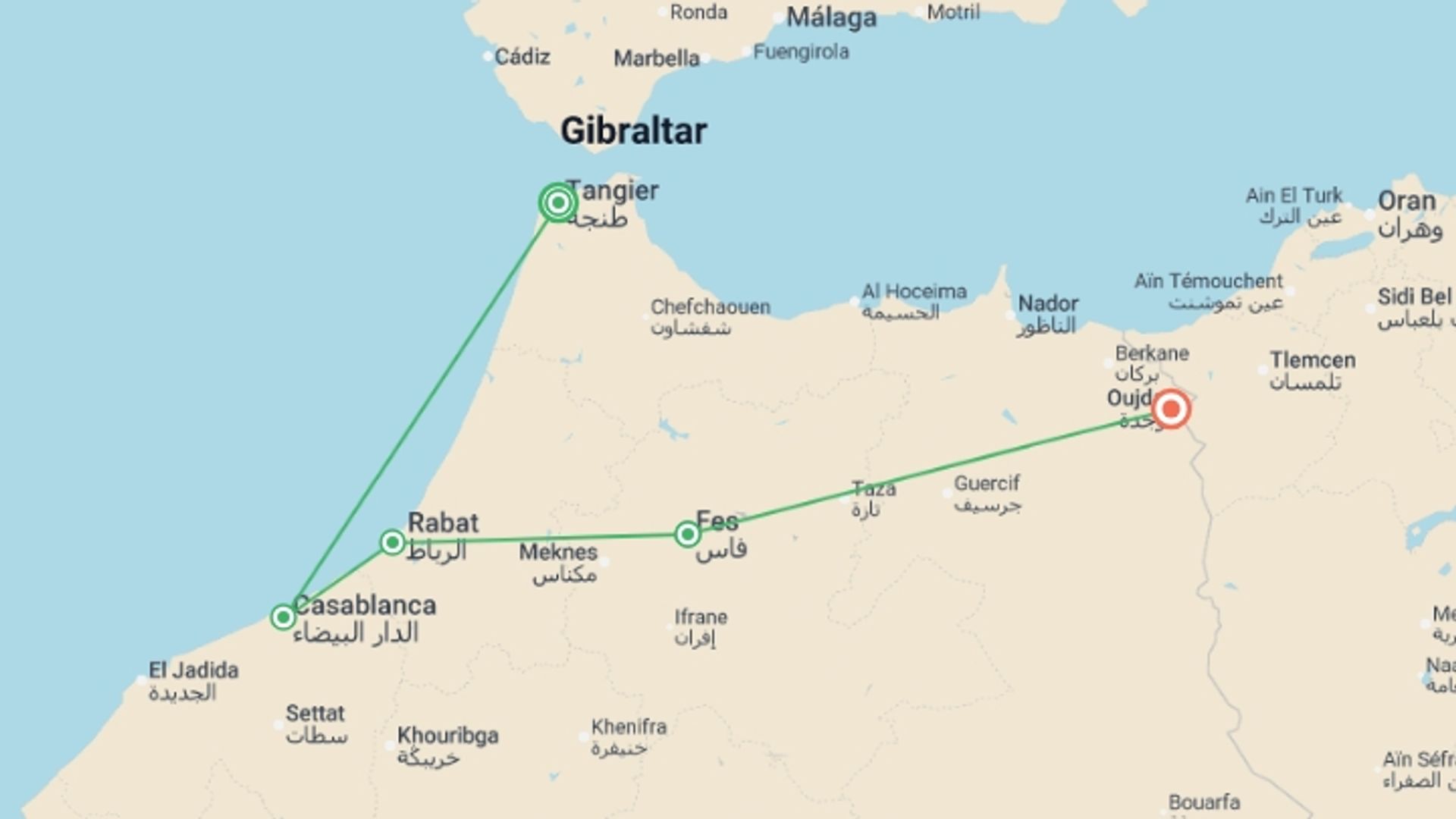 A map showing the tour itinerary for the trip: Morocco by Train - 9 days, starting in Tangier, Morocco and ending in Oujda, Morocco going through 3 other destinations.