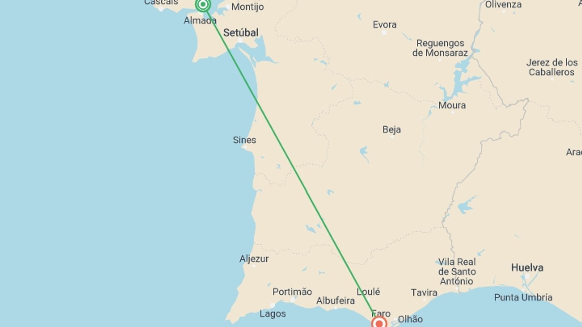 A map showing the tour itinerary for the trip: Iconic Algarve and Lisbon, starting in Lisbon, Portugal and ending in Algarve, Portugal going through 2 other destinations.