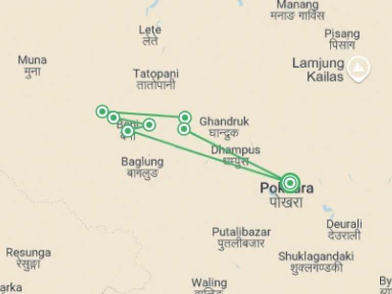 Map itinerary of Pokhara Tour in December 2026 with 4 destination visits for the trip: Mohare Danda Trek