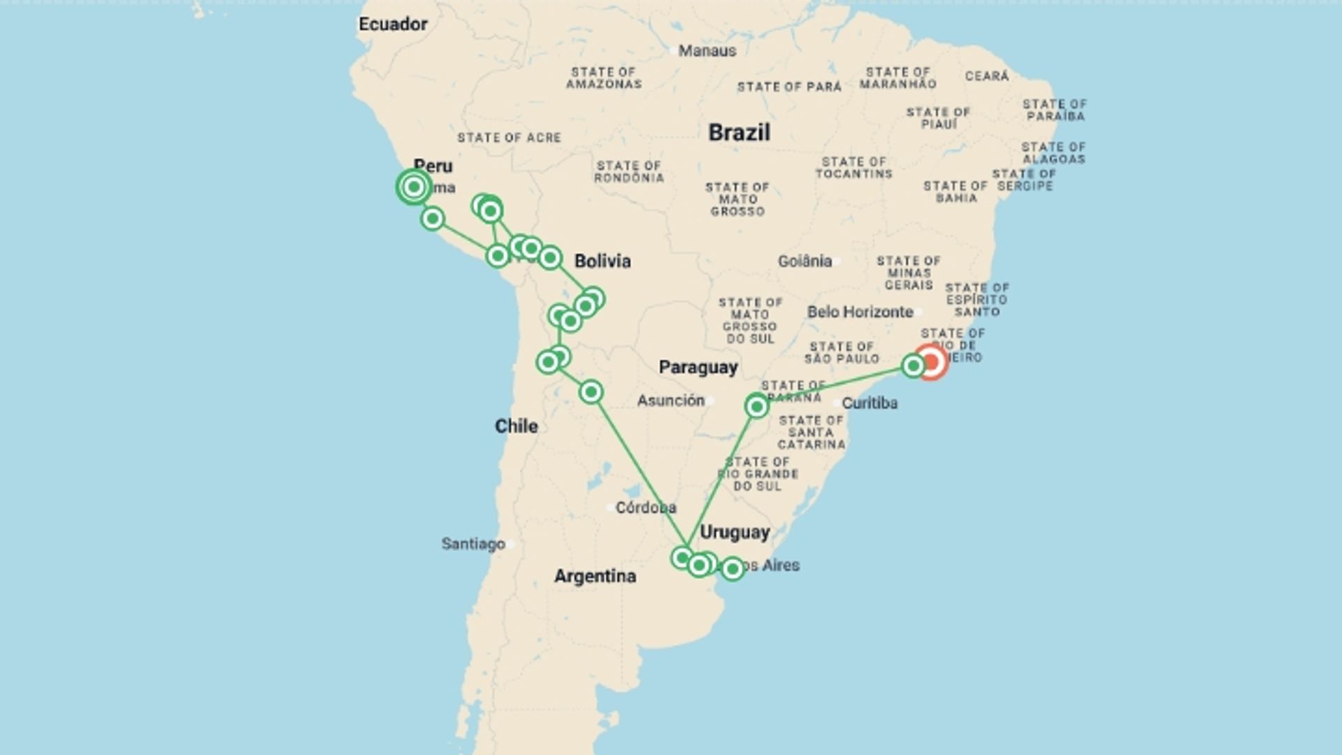 A map showing the tour itinerary for the trip: South America: Lima to Rio, starting in Lima, Peru and ending in Rio de Janeiro, Brazil going through 21 other destinations.