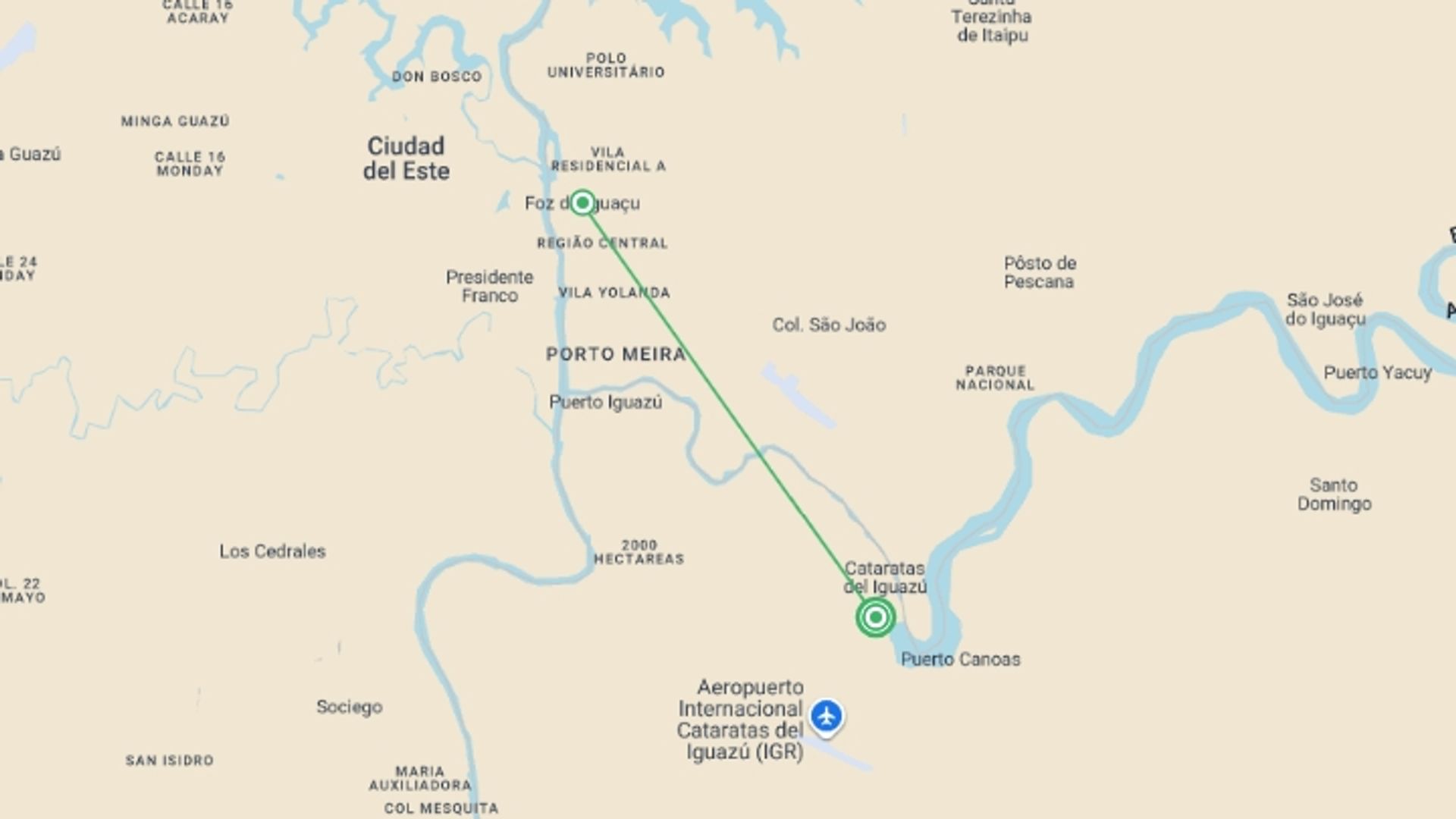 A map showing the tour itinerary for the trip: 3-day Argentine Adventure At Iguazú Falls, starting in Puerto Iguazu, Argentina and ending in Puerto Iguazu, Argentina going through 2 other destinations.