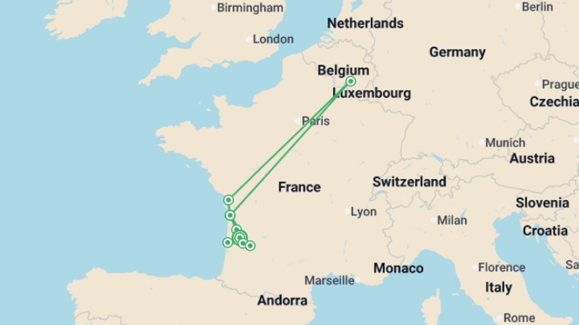 A map showing the tour itinerary for the trip: Cruise through the Aquitaine Region from Bordeaux to Royan, along the Gironde Estuary and the Garonne and Dordogne Rivers (port-to-port cruise), starting in Bordeaux, France and ending in Bordeaux, France going through 3 other destinations.