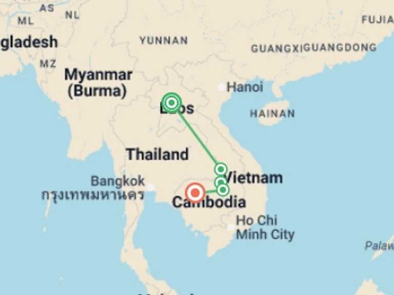 Map of Luang Prabang Bicycle Tour with 6 destination visits for the trip: Bike, Hike & Kayak Laos and Cambodia