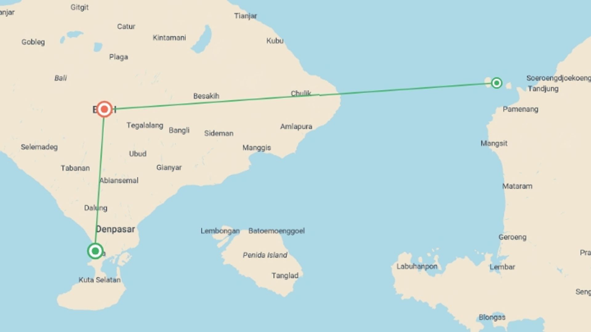 A map showing the tour itinerary for the trip: Bali Group Exploration 12D/11N, starting in Kuta, Indonesia and ending in I Gusti Ngurah Rai International Airport, Indonesia going through 2 other destinations.