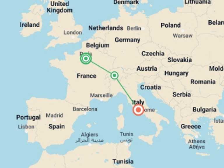 Map of Europe Tour with 3 destination visits for the trip: Paris to Rome: Picnics & Pizza