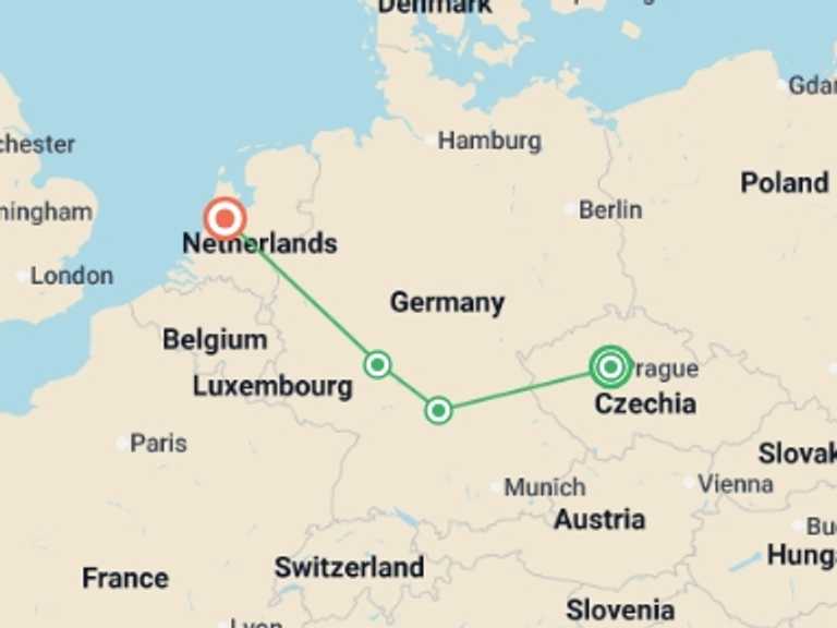 Map itinerary of Prague Tour in February 2026 with 3 destination visits for the trip: Beloved Europe