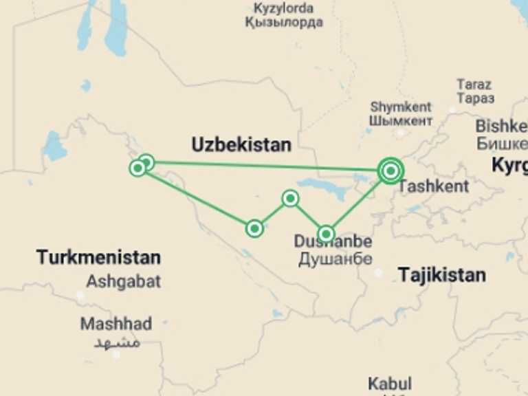Map of a Active and outdoor Tour with 6 destination visits for the trip: The Silk Road of Uzbekistan
