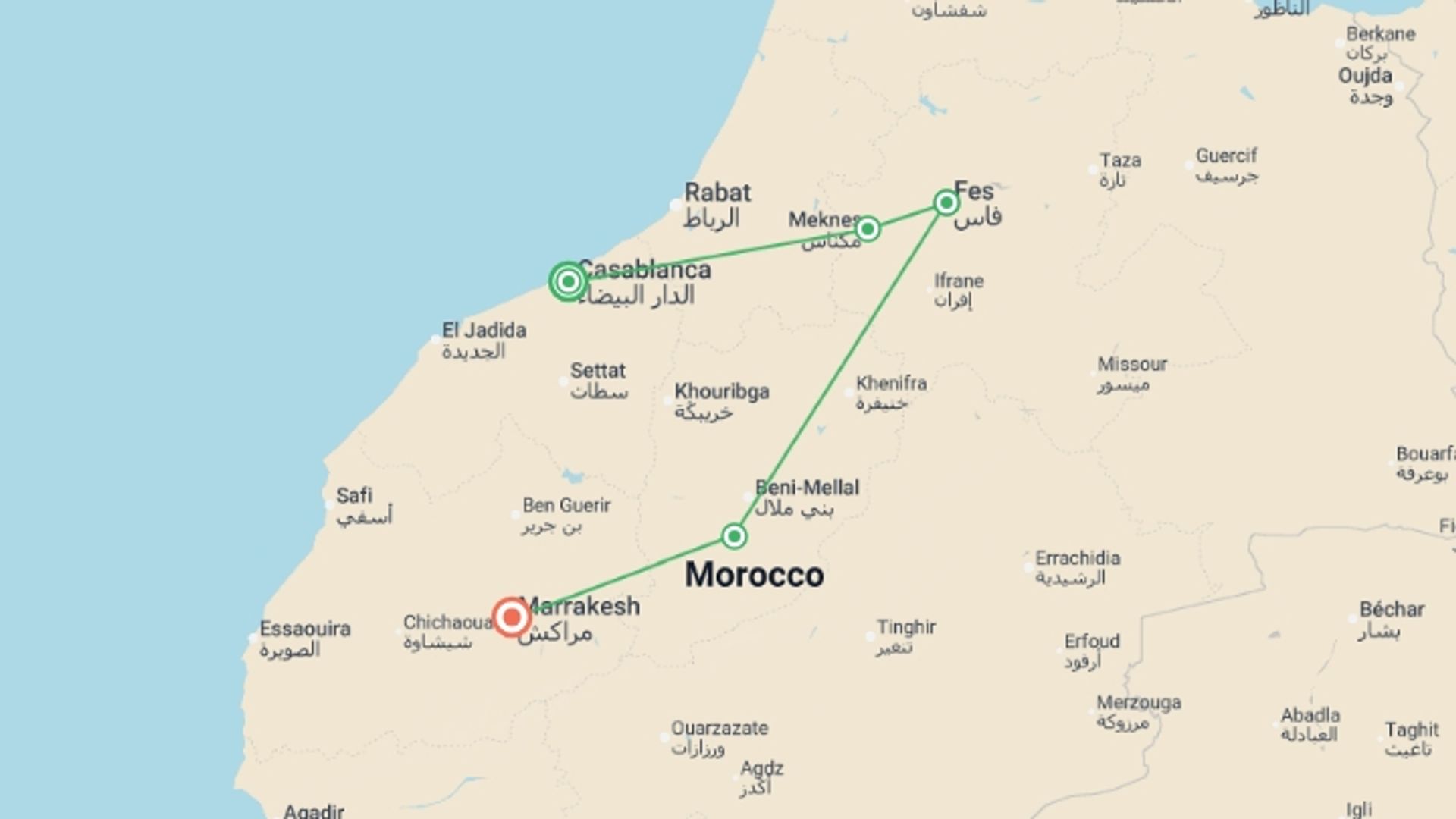 A map showing the tour itinerary for the trip: Premium Morocco Highlights, starting in Casablanca, Morocco and ending in Marrakech, Morocco going through 3 other destinations.