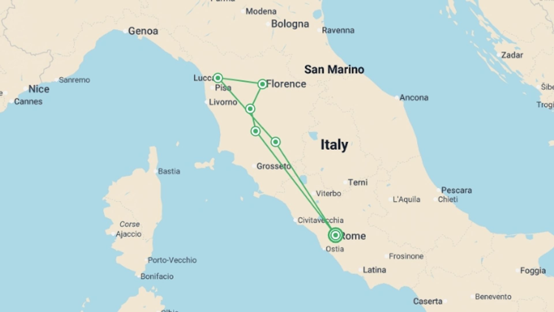 A map showing the tour itinerary for the trip: Tuscan Escape, starting in Rome, Italy and ending in Rome, Italy going through 5 other destinations.