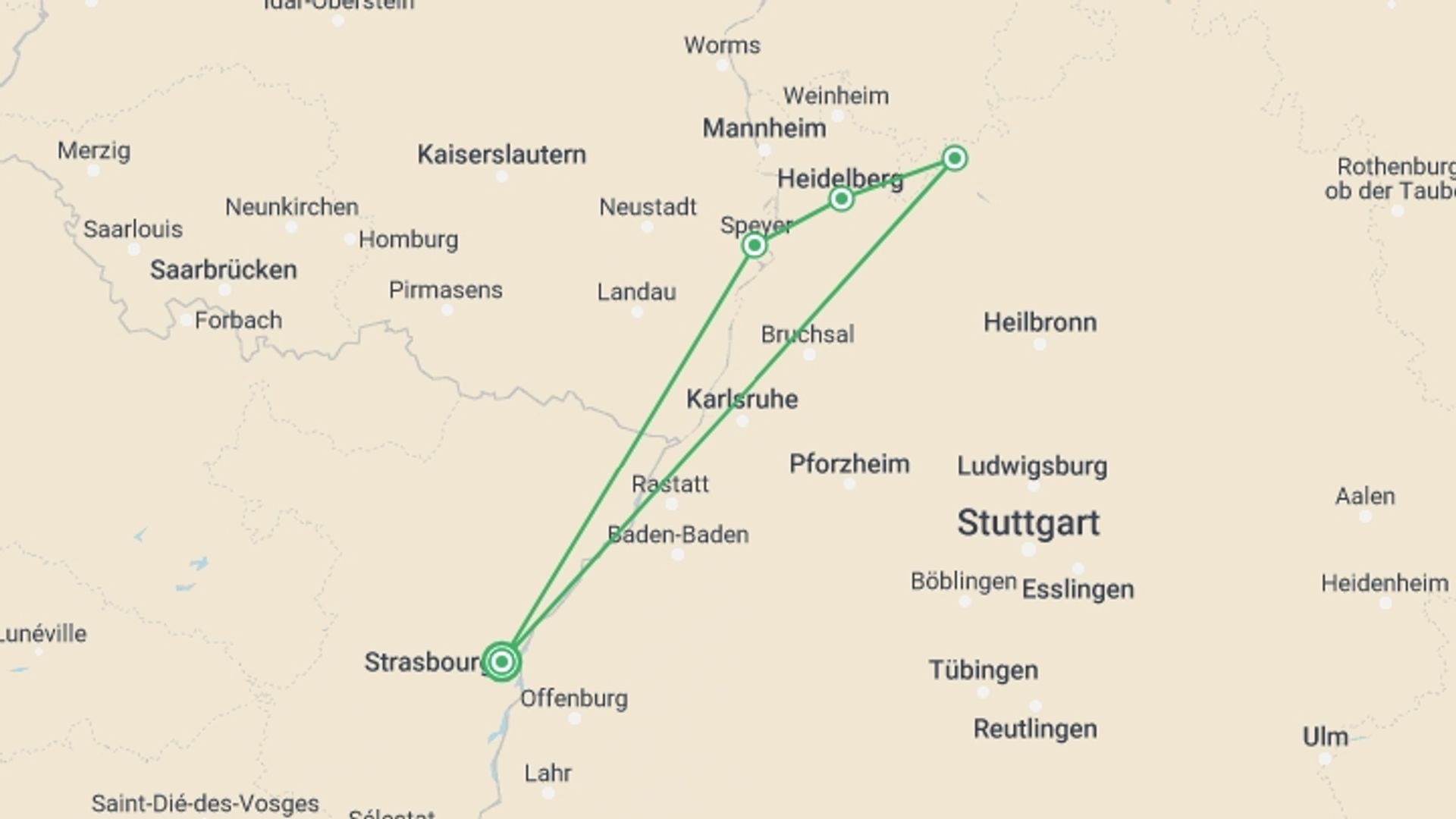 A map showing the tour itinerary for the trip: Delightful Christmas Markets in the Neckar Valley (port-to-port package), starting in Strasbourg, France and ending in Strasbourg, France going through 3 other destinations.