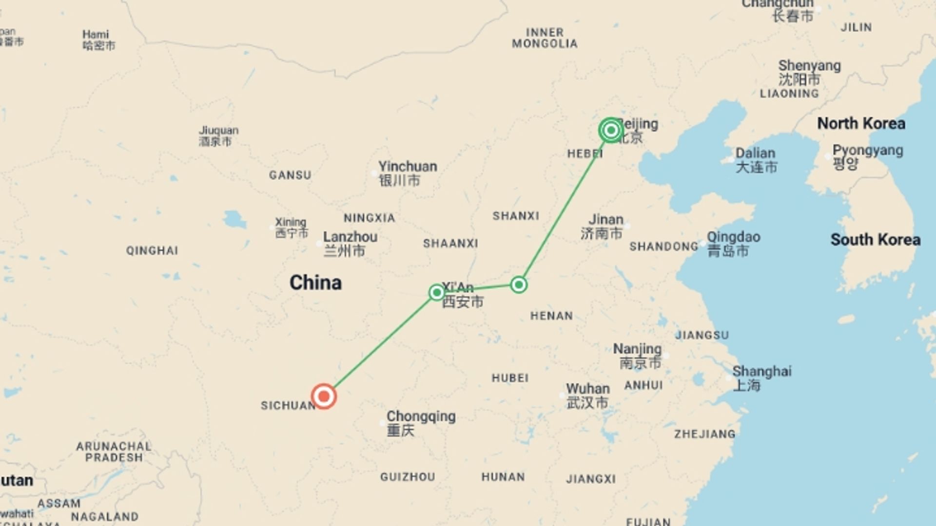 A map showing the tour itinerary for the trip: Great Wall & Giant Pandas - 10 days, starting in Beijing, China and ending in Chengdu, China going through 2 other destinations.
