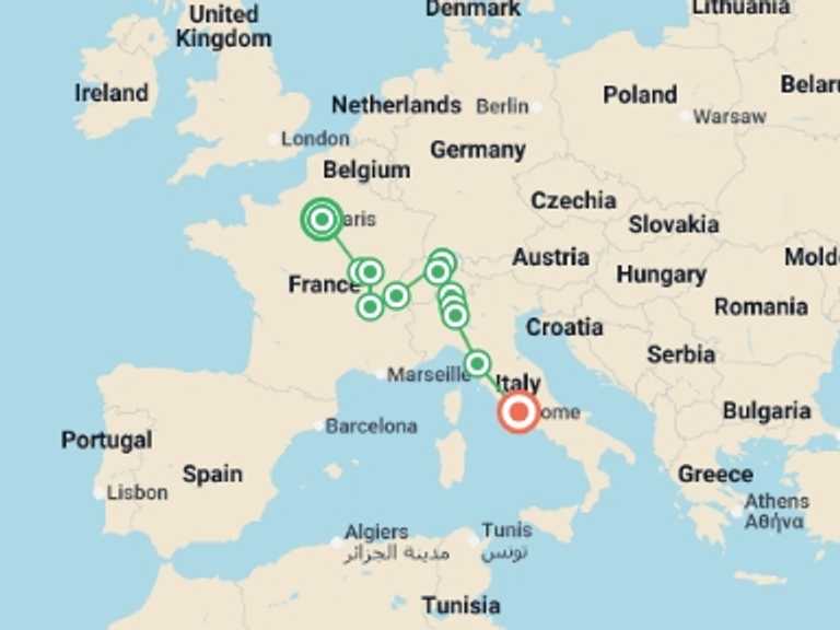 Map itinerary of Mediterranean Tour in September 2026 with 5 destination visits for the trip: Joyful Treasures AR