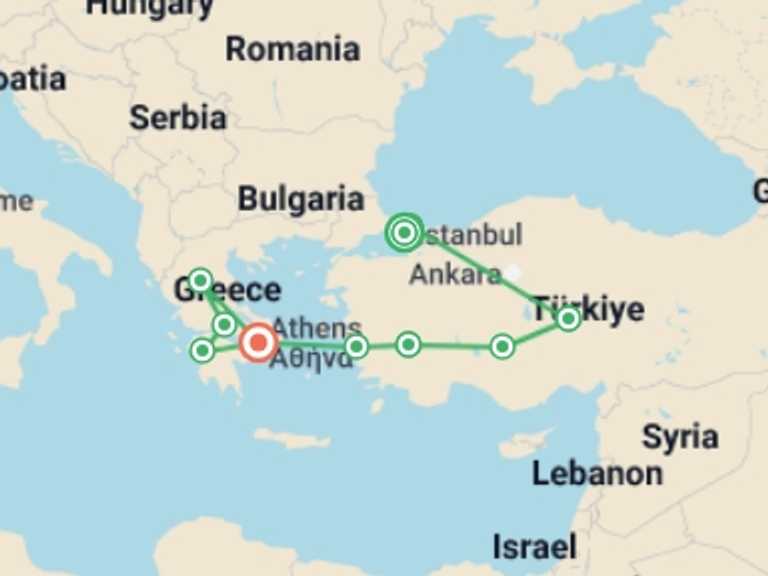 Map itinerary of Europe Tour in November 2026 with 10 destination visits for the trip: Legends of Türkiye and Greece