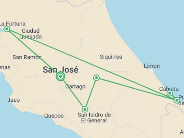 Map of San Jose Wildlife safaris and game drives Tour with 6 destination visits for the trip: Wild Jungles And Secret Mountains Of Costa Rica (on Request)