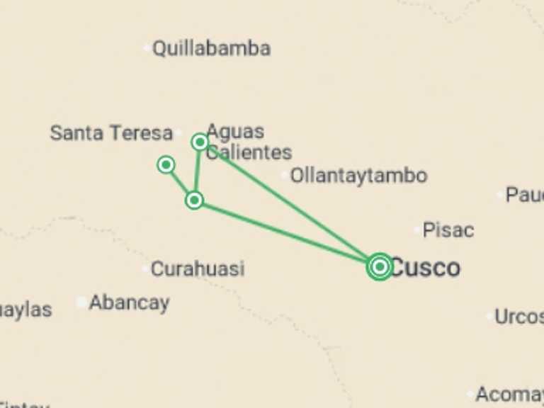 Map of 8-Day Cusco Tour with 4 destination visits for the trip: Salkantay Trek & Machu Picchu - 8 days
