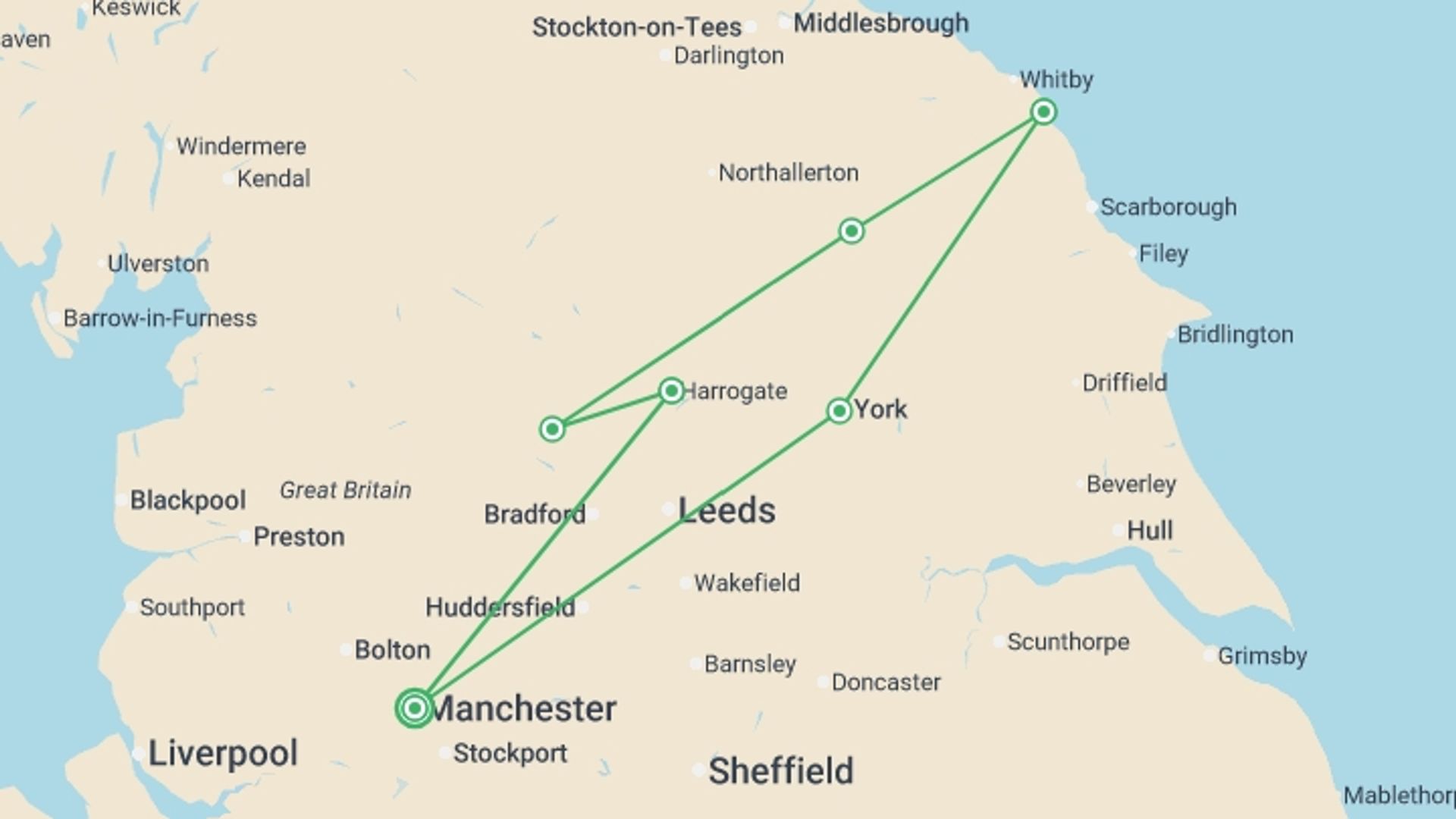 A map showing the tour itinerary for the trip: A Tale of Yorkshire Tradition, starting in Manchester, England and ending in Manchester, England going through 5 other destinations.
