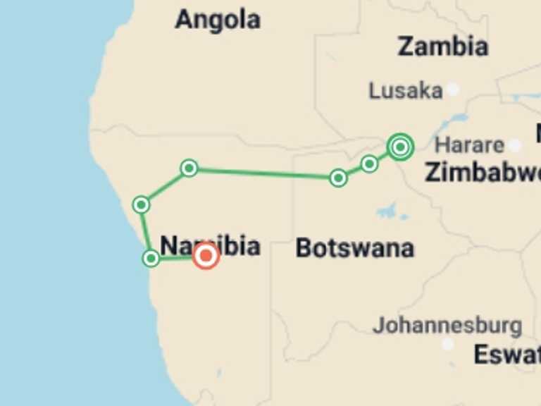 Map of Namibia and Zimbabwe Tour with 7 destination visits for the trip: Falls, Botswana & Namibia - 14 days