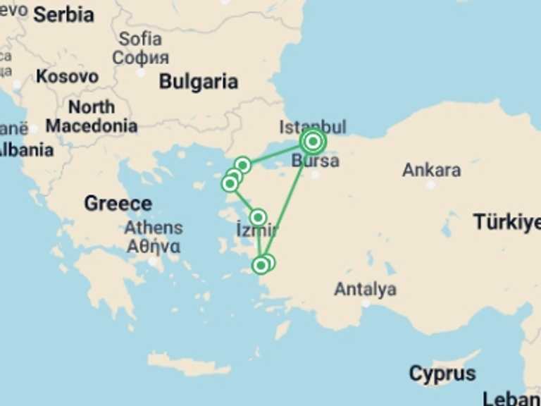 Map itinerary of Turkey Tour in September 2025 with 3 destination visits for the trip: Istanbul, Gallipoli, Troy, Pergamon & Kusadasi, Private Tour