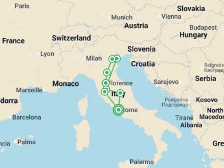 Map itinerary of Mediterranean Tour in May 2026 with 3 destination visits for the trip: Rome, Florence & Venice - 8 days