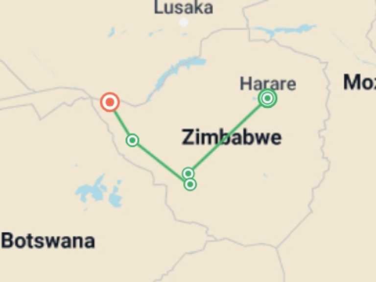 Map of Zimbabwe Wildlife Tour with 5 destination visits for the trip: Zimbabwe Heritage and Wildlife Tour: 10 Days 